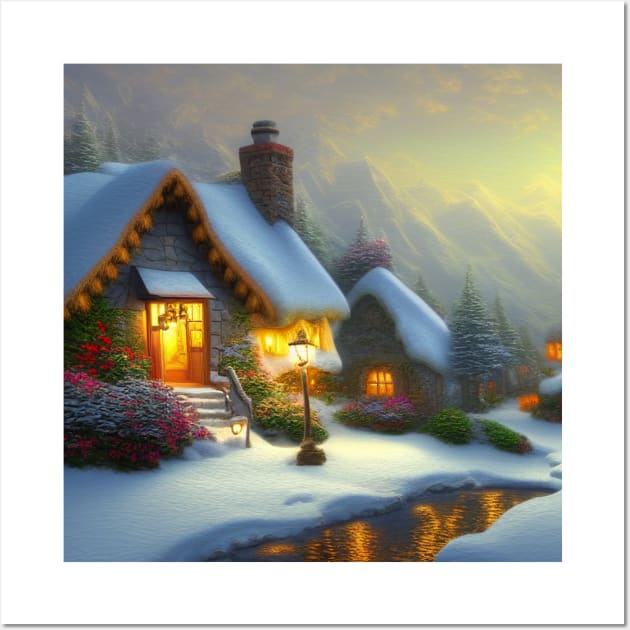 Magical Fantasy House with Lights in a Snowy Scene, Fantasy Cottagecore artwork Wall Art by Promen Art